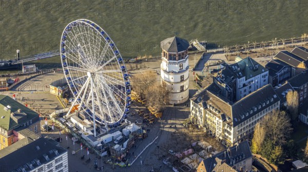 Aerial view, Wheel of Vision Ferris wheel at Burgplatz for the Christmas season in the old town centre in Düsseldorf, Rhineland, North Rhine-Westphalia, Germany, DE, Düsseldorf, Europe, aerial view, aerial photography, aerial photography, overview, bird's-eye view, overview