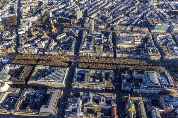 Aerial view, office buildings and commercial buildings on the Kö and evang. Johanneskirche in the city centre district of Düsseldorf, Rhineland, North Rhine-Westphalia, Germany, place of worship, DE, Düsseldorf, shopping mall, shopping mile, Europe, commercial buildings, religious community, place of worship, holy place, church, parish, denomination, Königsallee, aerial view, aerial photography, aerial photography, Ministry of Justice of the State of North Rhine-Westphalia, religion, religious site, shopping, overview, bird's-eye view, overview, stilwerk Düsseldorf shopping centre
