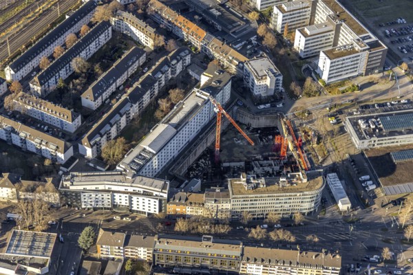 Aerial view, construction site at the corner of Mercedesstraße and Münsterstraße with new construction of an office and residential complex in the Düsseltal district of Düsseldorf, Rhineland, North Rhine-Westphalia, Germany, construction work, building, construction area, building site, building plots, construction crane, construction project, construction site, CG Gruppe AG, DE, Düsseldorf, development, Europe, commercial buildings, property tax, real estate, capacity requirements, aerial photograph, aerial photography, aerial photography, new construction, overview, bird's-eye view, residential complex, living and working, residential area, residential buildings, birds-eyes view, overview
