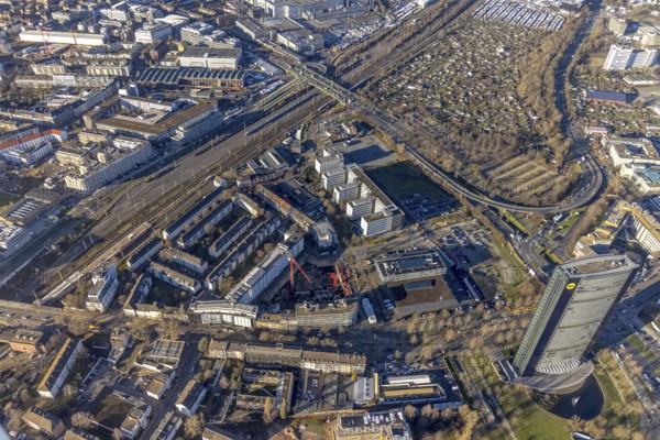 Aerial view, ARAG Tower with construction site on Mercedesstraße with new construction of an office and residential complex in the Düsseltal district of Düsseldorf, Rhineland, North Rhine-Westphalia, Germany, ARAG high-rise building, construction work, construction, construction area, construction site, building plots, construction crane, construction measure, construction project, construction site, CG Gruppe AG, DE, Düsseldorf, development, Europe, commercial buildings, property tax, high-rise buildings, real estate, capacity requirements, aerial view, aerial photography, aerial photography, new construction, overview, bird's-eye view, residential complex, living and working, residential area, residential buildings, birds-eyes view, overview