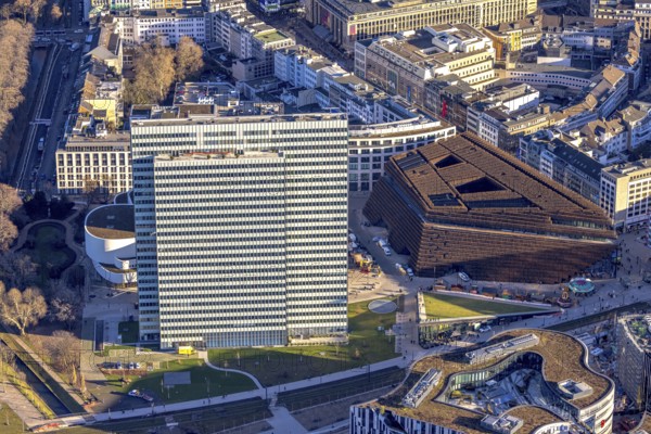Aerial view, Dreischeibenhaus and Düsseldorfer Schauspielhaus as well as business centre Kö Bogen II with hornbeam growth at Gustav-Gründgens-Platz in city centre in Düsseldorf, Rhineland, North Rhine-Westphalia, Germany, DE, Düsseldorf, shopping centre, shopping mall, shopping square, shopping centre, Europe, commercial buildings, commercial enterprises, commercial area, commercial location, commercial use, Gustaf-Gründgens-Platz, Ingenhoven-Tal department store and office building, culture, art, Kö-Bogen II, Königsallee, aerial view, aerial photography, aerial photography, Oststraße, Schadowstraße, shopping centre, Thyssen tower block, overview, events, event location, event venue, bird's-eye view, birds-eyes view, cultural use, overview