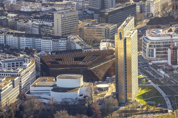Aerial view, Dreischeibenhaus and Düsseldorfer Schauspielhaus as well as business centre Kö Bogen II with hornbeam growth at Gustav-Gründgens-Platz in city centre in Düsseldorf, Rhineland, North Rhine-Westphalia, Germany, DE, Düsseldorf, shopping centre, shopping mall, shopping square, shopping centre, Europe, commercial buildings, commercial enterprises, commercial area, commercial location, commercial use, Gustaf-Gründgens-Platz, Ingenhoven-Tal department store and office building, culture, art, Kö-Bogen II, Königsallee, aerial view, aerial photography, aerial photography, Oststraße, Schadowstraße, shopping centre, Thyssen tower block, overview, events, event location, event venue, bird's-eye view, birds-eyes view, cultural use, overview