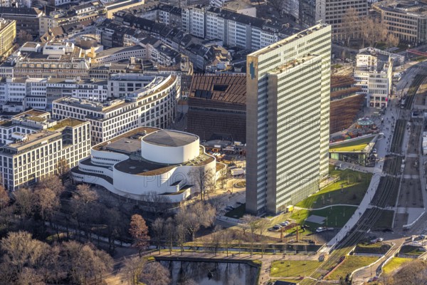 Aerial view, Dreischeibenhaus and Düsseldorfer Schauspielhaus as well as business centre Kö Bogen II with hornbeam growth at Gustav-Gründgens-Platz in city centre in Düsseldorf, Rhineland, North Rhine-Westphalia, Germany, DE, Düsseldorf, shopping centre, shopping mall, shopping square, shopping centre, Europe, commercial buildings, commercial enterprises, commercial area, commercial location, commercial use, Gustaf-Gründgens-Platz, Ingenhoven-Tal department store and office building, culture, art, Kö-Bogen II, Königsallee, aerial view, aerial photography, aerial photography, Oststraße, Schadowstraße, shopping centre, Thyssen tower block, overview, events, event location, event venue, bird's-eye view, birds-eyes view, cultural use, overview