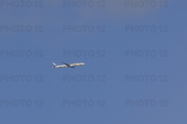 Jet passenger aircraft of ANA airways in flight in a blue sky, London, England, United Kingdom