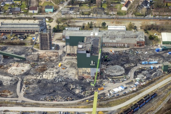 Aerial view, construction site demolition works of the former Prosper-Haniel II mine, Bottrop, Ruhr area, North Rhine-Westphalia, Germany, demolition, construction works, construction area, construction site, mine, DE, Europe, church, Knappenstraße, aerial view, aerial photography, aerial photography, raw coal mixing hall, hard coal mine, overview, bird's-eye view, birds-eyes view, overview