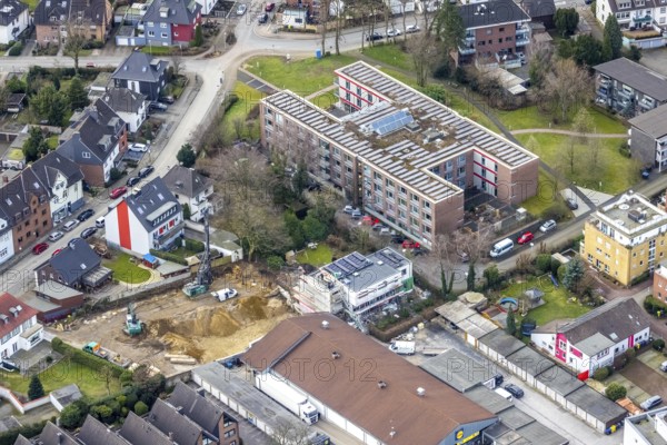 Aerial view, Diakonisches Werk Gladbeck-Bottrop-Dorsten Seniorenzentrum Käthe Braus, construction site, Bottrop, Ruhr area, North Rhine-Westphalia, Germany, retirement home, old people's home, care and nursing, DE, Europe, aerial view, aerial photography, aerial photography, care facility, retirement home, retirement home, senior citizens' residence, senior citizens' centre, overview, bird's eye view, birds-eyes view, overview