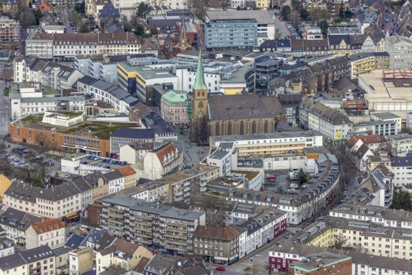 Aerial view, catholic church St. Cyriakus, city, Bottrop, Ruhr area, North Rhine-Westphalia, Germany, place of worship, DE, Europe, religious community, place of worship, holy place, city centre, church, parish, denomination, aerial view, aerial photography, aerial photography, religion, religious site, city centre, overview, bird's-eye view, birds-eyes view, overview