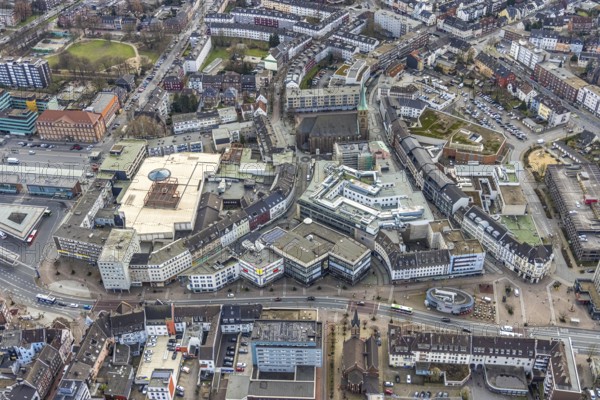 Aerial view, Hansa Center shopping centre, Berliner Platz, Bottrop, Ruhr area, North Rhine-Westphalia, Germany, City, DE, shopping centre, shopping mall, shopping markets, shopping plaza, shopping centre, Europe, specialist markets, Hansa Centre, city centre, aerial view, aerial photography, aerial photography, local supply centre, shopping, shopping centre, city centre, overview, bird's-eye view, overview