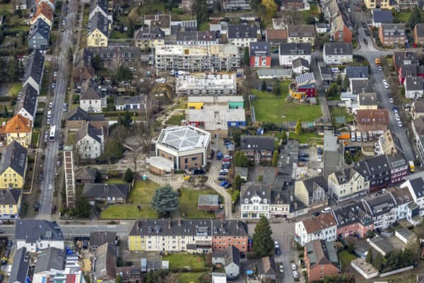 Aerial view, church St. Johannes, catholic kindergarten St. Johannes, construction site new building Klosterstraße, Bottrop, Ruhr area, North Rhine-Westphalia, Germany, construction work, construction area, building site, building plots, construction project, construction site, DE, Europe, property tax, real estate, aerial view, aerial photography, aerial photography, new building, overview, bird's eye view, residential complex, living and living, residential area, residential buildings, housing estate, birds-eyes view, overview