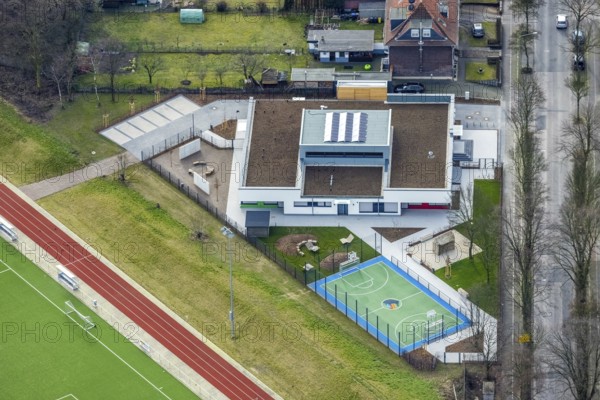 Aerial view, new building Manus, Manuel Neuer Kids Foundation, children and youth centre with football pitch Johannesstraße, Bottrop, Ruhr area, North Rhine-Westphalia, Germany, DE, Europe, aerial view, aerial photography, aerial photography, overview, bird's-eye view, overview