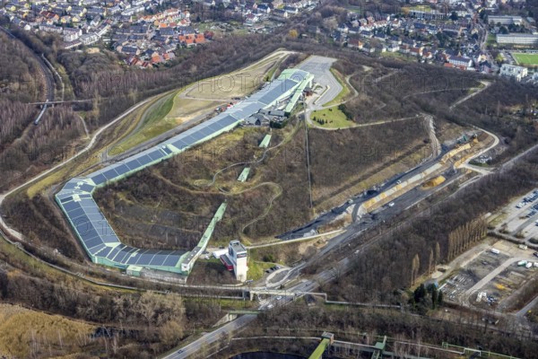 Aerial view, alpincenter Bottrop, Prosperstraße slag heap, Bottrop, Ruhr area, North Rhine-Westphalia, Germany, slag heap, DE, Europe, leisure facility, leisure activities, leisure park, slag heap, slag heap landscape, aerial photograph, aerial photography, aerial photography, sight, ski hall, overview, bird's eye view, winter sports facility, colliery, birds-eyes view, overview