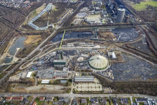 Aerial view, construction site demolition works of the former Prosper-Haniel II mine, Bottrop, Ruhr area, North Rhine-Westphalia, Germany, demolition, construction works, construction area, construction site, mine, DE, Europe, church, Knappenstraße, aerial view, aerial photography, aerial photography, raw coal mixing hall, hard coal mine, overview, bird's-eye view, birds-eyes view, overview