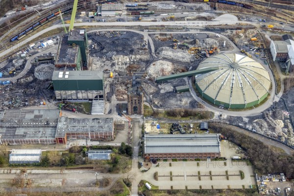 Aerial view, construction site demolition works of the former Prosper-Haniel II mine, Bottrop, Ruhr area, North Rhine-Westphalia, Germany, demolition, construction works, construction area, construction site, mine, DE, Europe, church, Knappenstraße, aerial view, aerial photography, aerial photography, raw coal mixing hall, hard coal mine, overview, bird's-eye view, birds-eyes view, overview