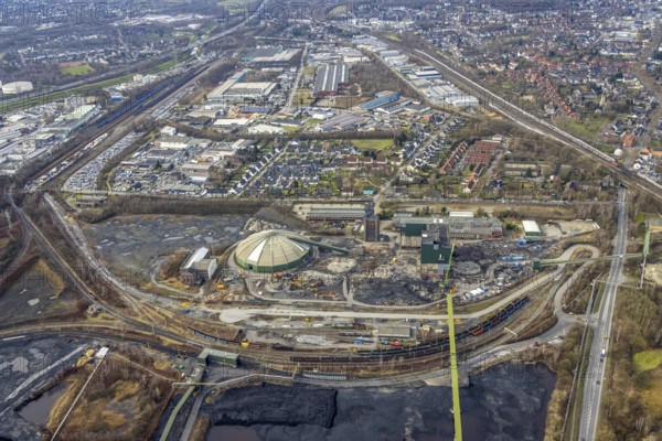 Aerial view, construction site demolition works of the former Prosper-Haniel II mine, Bottrop, Ruhr area, North Rhine-Westphalia, Germany, demolition, construction works, construction area, construction site, mine, DE, Europe, church, Knappenstraße, aerial view, aerial photography, aerial photography, raw coal mixing hall, hard coal mine, overview, bird's-eye view, birds-eyes view, overview