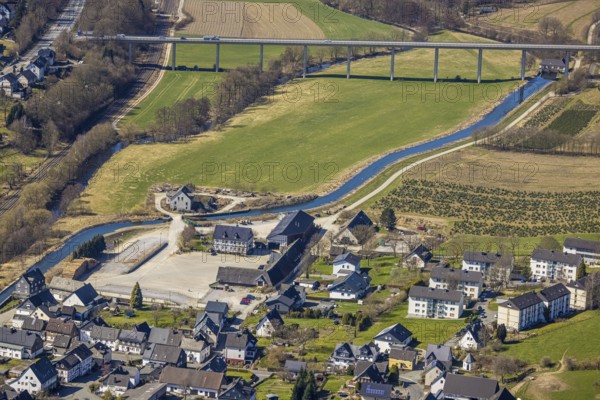 Aerial view, Ruhr river, Ruhr valley bridge Velmede, hydroelectric power station Velmede, Norbert Wiese services, Gepkerweg, Mühlenstraße, Bestwig, Sauerland, North Rhine-Westphalia, Germany, bridge, DE, Europe, aerial view, aerial photography, aerial photography, Ruhr valley bridge, overview, bird's-eye view, overview