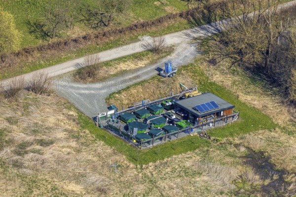 Aerial view, storage area Oststraße in the Ruhrauen, fish farm ?, Bestwig, Sauerland, North Rhine-Westphalia, Germany, DE, Europe, aerial view, aerial photography, aerial photography, photovoltaic, photovoltaic system, solar, solar system, solar energy, solar energy, overview, bird's-eye view, overview