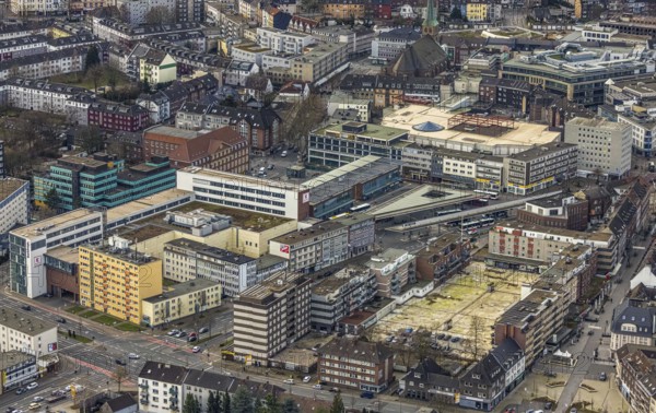 Aerial view, Am Trapez Bottrop, shopping centre Hansa Center, Berliner Platz, city centre, Bottrop, Ruhr area, North Rhine-Westphalia, Germany, City, DE, shopping centre, shopping mall, shopping mile, shopping markets, shopping place, shopping street, shopping centre, Europe, Hansa Centre, city centre, aerial view, aerial photography, aerial photography, local supply centre, shopping, shopping centre, city centre, overview, bird's-eye view, overview