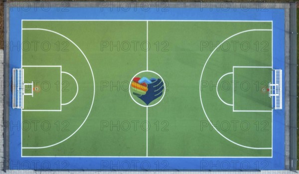 Aerial view, new building Manus, Manuel Neuer Kids Foundation, children and youth centre with football pitch Johannesstraße, Bottrop, Ruhr area, North Rhine-Westphalia, Germany, DE, Europe, shapes and colours, aerial view, aerial photography, aerial photography, overview, bird's eye view, birds-eyes view, overview