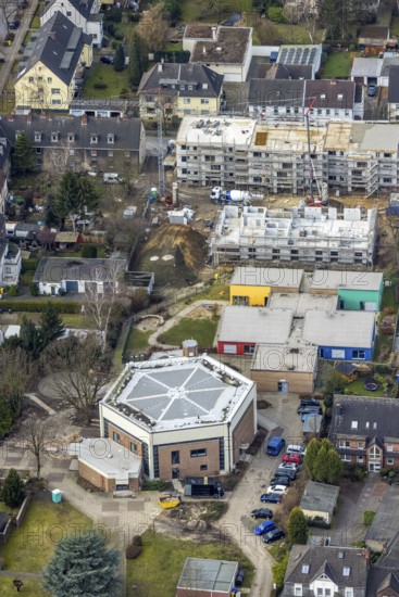 Aerial view, church St. Johannes, catholic kindergarten St. Johannes, construction site new building Klosterstraße, Bottrop, Ruhr area, North Rhine-Westphalia, Germany, construction work, construction area, building site, building plots, construction project, construction site, DE, Europe, property tax, real estate, aerial view, aerial photography, aerial photography, new building, overview, bird's eye view, residential complex, living and living, residential area, residential buildings, housing estate, birds-eyes view, overview