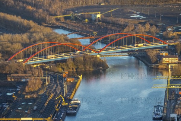 Aerial view, Rhine-Herne Canal A42 bridge in the district of Ebel in Bottrop, Ruhr area, North Rhine-Westphalia, Germany, Bottrop, bridge, DE, Emscher Expressway, Europe, colour red, canal, aerial view, aerial photography, aerial photography, overview, bird's-eye view, overview