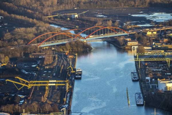 Aerial view, Rhine-Herne Canal A42 bridge in the district of Ebel in Bottrop, Ruhr area, North Rhine-Westphalia, Germany, Bottrop, bridge, DE, Emscher Expressway, Europe, colour red, canal, aerial view, aerial photography, aerial photography, overview, bird's-eye view, overview