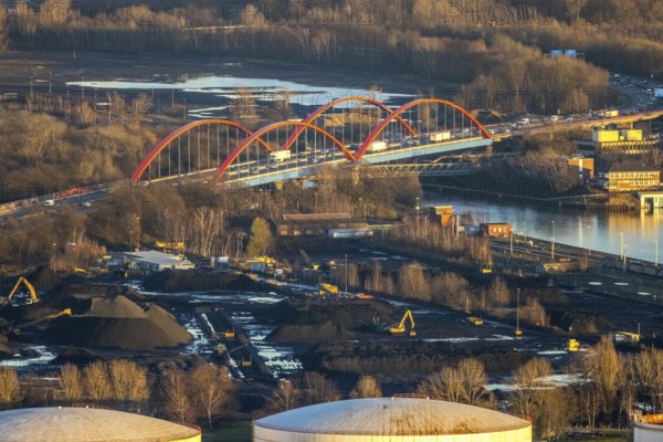 Aerial view, Rhine-Herne Canal A42 bridge in the district of Ebel in Bottrop, Ruhr area, North Rhine-Westphalia, Germany, Bottrop, bridge, DE, Emscher Expressway, Europe, colour red, canal, aerial view, aerial photography, aerial photography, overview, bird's-eye view, overview