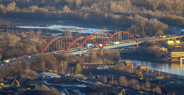 Aerial view, Rhine-Herne Canal A42 bridge in the district of Ebel in Bottrop, Ruhr area, North Rhine-Westphalia, Germany, Bottrop, bridge, DE, Emscher Expressway, Europe, colour red, canal, aerial view, aerial photography, aerial photography, overview, bird's-eye view, overview