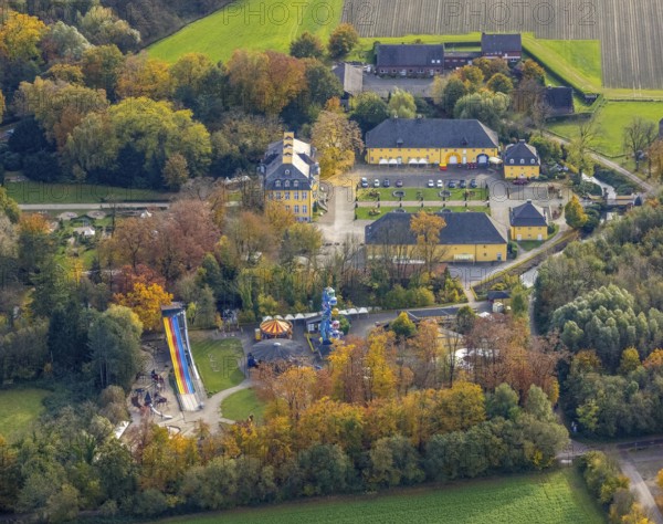 Aerial view, amusement park Schloss Beck with fairground rides in the district Kirchhellen-Nord-Ost in Bottrop, Ruhr area, North Rhine-Westphalia, Germany, Bottrop, DE, Europe, leisure activities, leisure park, leisure fun, leisure centre, manor house, aerial view, aerial photography, aerial photography, castle, overview, bird's-eye view, overview