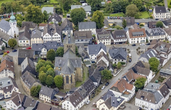 Aerial view, Ev. Jakobus-Kirche Breckerfeld in the centre of Breckerfeld, Sauerland, North Rhine-Westphalia, Germany, place of worship, Breckerfeld, DE, Europe, religious community, place of worship, property tax, holy place, real estate, church, parish, denomination, aerial photograph, aerial photography, aerial photography, religion, religious site, overview, bird's-eye view, residential complex, living and life, residential area, residential buildings, quality of life, bird's-eye view, overview
