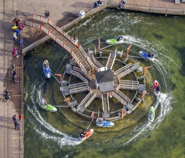 Aerial view, Movie Park Germany in the district Kirchhellen-Nord-Ost in Bottrop, Ruhr area, North Rhine-Westphalia, Germany, Bottrop, DE, Europe, shapes and colours, leisure facility, leisure activities, leisure park, leisure enjoyment, aerial view, aerial photography, aerial photography, Pier Patrol - Jet Ski ride, theme park, overview, bird's-eye view, overview