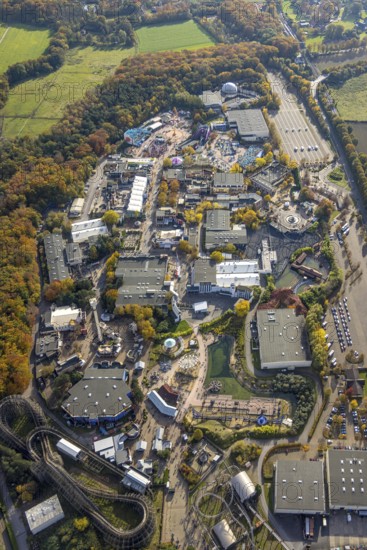 Aerial view, Movie Park Germany in the district Kirchhellen-Nord-Ost in Bottrop, Ruhr area, North Rhine-Westphalia, Germany, Bottrop, DE, Europe, leisure facility, leisure activities, leisure park, leisure enjoyment, aerial view, aerial photography, aerial photography, theme park, overview, bird's eye view, birds-eyes view, overview
