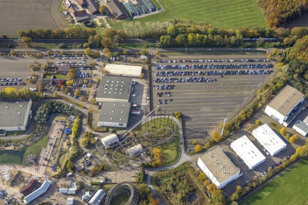 Aerial view, Movie Park Germany car park in the district Kirchhellen-Nord-Ost in Bottrop, Ruhr area, North Rhine-Westphalia, Germany, Bottrop, DE, Europe, leisure facility, leisure activities, leisure park, leisure enjoyment, aerial view, aerial photography, aerial photography, theme park, overview, bird's eye view, birds-eyes view, overview
