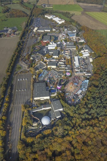Aerial view, Movie Park Germany in the district Kirchhellen-Nord-Ost in Bottrop, Ruhr area, North Rhine-Westphalia, Germany, Bottrop, DE, Europe, leisure facility, leisure activities, leisure park, leisure enjoyment, aerial view, aerial photography, aerial photography, theme park, overview, bird's eye view, birds-eyes view, overview