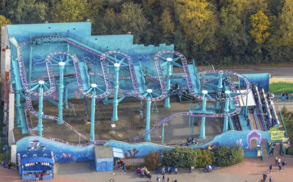 Aerial view, Movie Park Germany in the district Kirchhellen-Nord-Ost in Bottrop, Ruhr area, North Rhine-Westphalia, Germany, roller coaster Ghost Chasers, Bottrop, DE, Europe, shapes and colours, leisure facility, leisure activities, leisure park, leisure enjoyment, aerial view, aerial photography, aerial photography, theme park, overview, bird's-eye view, overview