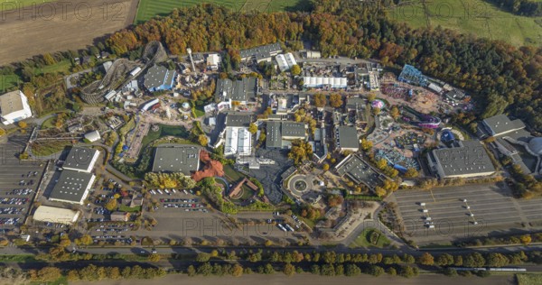 Aerial view, Movie Park Germany in the district Kirchhellen-Nord-Ost in Bottrop, Ruhr area, North Rhine-Westphalia, Germany, Bottrop, DE, Europe, leisure facility, leisure activities, leisure park, leisure enjoyment, aerial view, aerial photography, aerial photography, theme park, overview, bird's eye view, birds-eyes view, overview