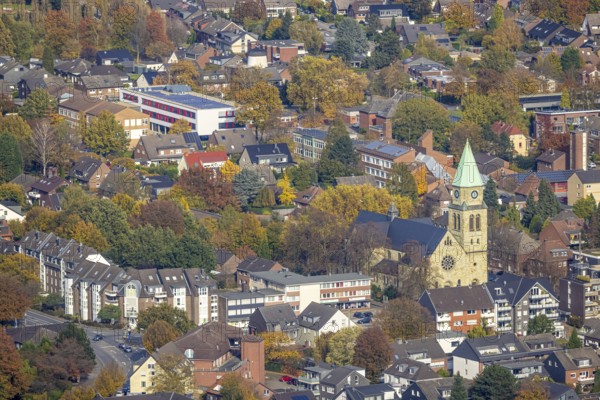 Aerial view, city centre view with catholic church St. John the Baptist in the district Kirchhellen in Bottrop, Ruhr area, North Rhine-Westphalia, Germany, place of worship, Bottrop, City, DE, Europe, religious community, place of worship, holy place, city centre, church, parish, denomination, aerial view, aerial photography, aerial photography, religion, religious site, skyline, city view, city centre, overview, bird's eye view, birds-eyes view, overview
