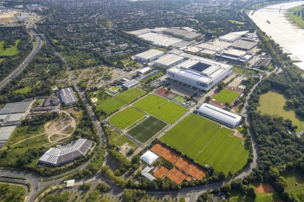 Aerial view, At the river Rhine the fair Düsseldorf with the Bundesliga stadium MERKUR SPIEL-ARENA in the district Stockum in Düsseldorf, Rhineland, North Rhine-Westphalia, Germany, Arena, Arena-Sportpark, Bundesliga stadium, DE, Düsseldorf, Europe, football pitch, football stadium, aerial view, aerial photography, aerial photography, fairgrounds, fairgrounds on the Rhine, sports, sports facilities, sports field, sports facility, stadium, overview, events, venue, event location, bird's eye view, birds-eyes view, overview