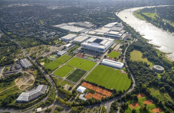 Aerial view, At the river Rhine the fair Düsseldorf with the Bundesliga stadium MERKUR SPIEL-ARENA in the district Stockum in Düsseldorf, Rhineland, North Rhine-Westphalia, Germany, Arena, Arena-Sportpark, Bundesliga stadium, DE, Düsseldorf, Europe, football pitch, football stadium, aerial view, aerial photography, aerial photography, fairgrounds, fairgrounds on the Rhine, sports, sports facilities, sports field, sports facility, stadium, overview, events, venue, event location, bird's eye view, birds-eyes view, overview