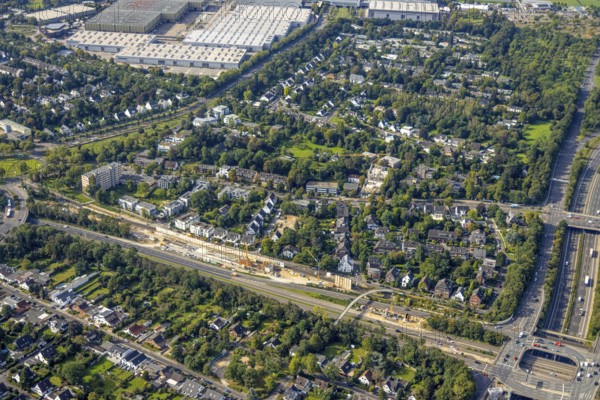 Aerial view, residential area Niederrheinstraße and construction site on Danziger Straße in the Stockum district of Düsseldorf, Rhineland, North Rhine-Westphalia, Germany, construction work, construction area, construction site, building plots, construction project, construction site, DE, Düsseldorf, Europe, property tax, real estate, aerial photograph, aerial photography, aerial photography, overview, bird's eye view, residential complex, living and living, residential area, residential buildings, residential quality, residential neighbourhood, housing estate, birds-eyes view, overview