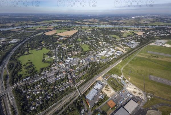 Aerial view, district Lohuasen at Düsseldorf Airport in the district Lohausen in Düsseldorf, Rhineland, North Rhine-Westphalia, Germany, DE, Düsseldorf, Europe, flight emission, airport, aircraft noise, aeroplane, aerial photograph, aerial photography, aerial photography, overview, bird's-eye view, overview
