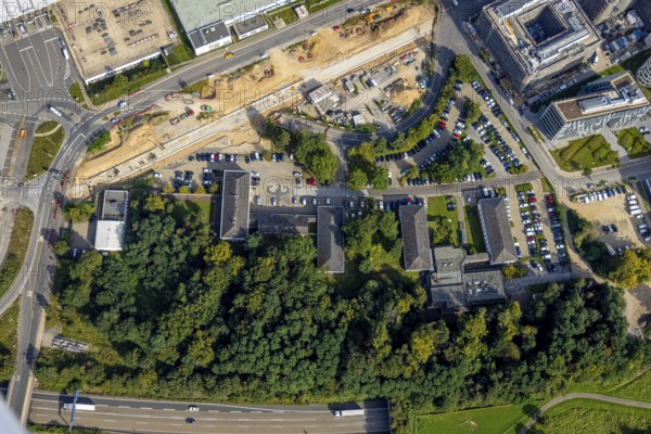 Aerial view, Federal Police Airport Road and construction site in the Unterrath district of Düsseldorf, Rhineland, North Rhine-Westphalia, Germany, eye of the law, construction work, construction area, building site, building plots, construction project, construction site, DE, Düsseldorf, Europe, aerial view, aerial photography, aerial photography, law enforcement, police, state authority, state power, overview, bird's-eye view, bird's-eye view, overview