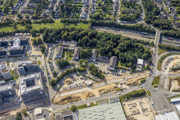 Aerial view, Federal Police Airport Road and construction site in the Unterrath district of Düsseldorf, Rhineland, North Rhine-Westphalia, Germany, eye of the law, construction work, construction area, building site, building plots, construction project, construction site, DE, Düsseldorf, Europe, aerial view, aerial photography, aerial photography, law enforcement, police, state authority, state power, overview, bird's-eye view, bird's-eye view, overview