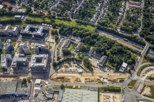 Aerial view, Federal Police Airport Road and construction site in the Unterrath district of Düsseldorf, Rhineland, North Rhine-Westphalia, Germany, eye of the law, construction work, construction area, building site, building plots, construction project, construction site, DE, Düsseldorf, Europe, aerial view, aerial photography, aerial photography, law enforcement, police, state authority, state power, overview, bird's-eye view, bird's-eye view, overview