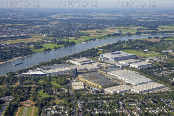 Aerial view, At the river Rhine the fair Düsseldorf with the Bundesliga stadium MERKUR SPIEL-ARENA in the district Stockum in Düsseldorf, Rhineland, North Rhine-Westphalia, Germany, Arena, Arena-Sportpark, Bundesliga stadium, DE, Düsseldorf, Europe, football pitch, football stadium, aerial view, aerial photography, aerial photography, fairgrounds, fairgrounds on the Rhine, sports, sports facilities, sports field, sports facility, stadium, overview, events, venue, event location, bird's eye view, birds-eyes view, overview