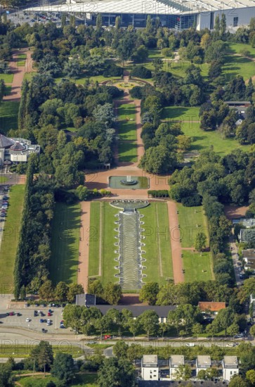 Aerial view, fountain in the Nordpark in the Stockum district of Düsseldorf, Rhineland, North Rhine-Westphalia, Germany, fountain, DE, Düsseldorf, Europe, aerial view, aerial photography, aerial photography, sight, overview, bird's-eye view, overview