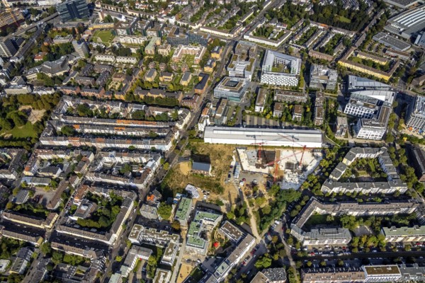Aerial view, construction site Ulmer Höh and new building for residential quarter MAXFREI on the site of the former prison in the district Derendorf in Düsseldorf, Rhineland, North Rhine-Westphalia, Germany, construction work, construction area, construction site, building plots, construction project, construction site, DE, Düsseldorf, Europe, aerial view, aerial photography, aerial photography, new building, overview, bird's-eye view, bird's-eye view, overview