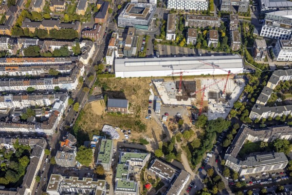 Aerial view, construction site Ulmer Höh and new building for residential quarter MAXFREI on the site of the former prison in the district Derendorf in Düsseldorf, Rhineland, North Rhine-Westphalia, Germany, construction work, construction area, construction site, building plots, construction project, construction site, DE, Düsseldorf, Europe, aerial view, aerial photography, aerial photography, new building, overview, bird's-eye view, bird's-eye view, overview