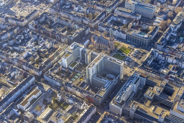 Aerial view, office buildings and commercial buildings Friedrichstraße with the catholic church St. Peter in the district Friedrichstadt in Düsseldorf, Rhineland, North Rhine-Westphalia, Germany, place of worship, city, DE, Düsseldorf, Europe, commercial buildings, commercial location, commercial use, religious community, place of worship, holy place, city centre, church, parish, denomination, aerial view, aerial photography, aerial photography, religion, religious site, city view, city centre, city centre, overview, bird's-eye view, overview