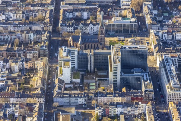 Aerial view, office buildings and commercial buildings Friedrichstraße with the catholic church St. Peter in the district Friedrichstadt in Düsseldorf, Rhineland, North Rhine-Westphalia, Germany, place of worship, city, DE, Düsseldorf, Europe, commercial buildings, commercial location, commercial use, religious community, place of worship, holy place, city centre, church, parish, denomination, aerial view, aerial photography, aerial photography, religion, religious site, city view, city centre, city centre, overview, bird's-eye view, overview