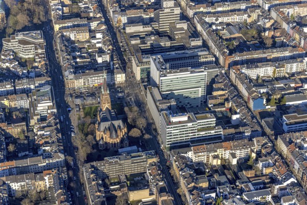 Aerial view, office buildings and commercial buildings Friedrichstraße with the catholic church St. Peter in the district Friedrichstadt in Düsseldorf, Rhineland, North Rhine-Westphalia, Germany, place of worship, city, DE, Düsseldorf, Europe, commercial buildings, commercial location, commercial use, religious community, place of worship, holy place, city centre, church, parish, denomination, aerial view, aerial photography, aerial photography, religion, religious site, city view, city centre, city centre, overview, bird's-eye view, overview